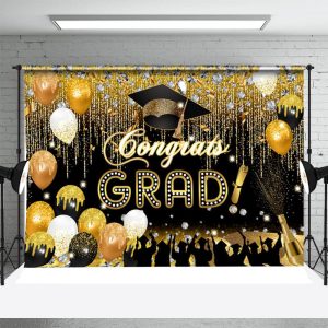 Black Gold Balloons Diamonds Graduation Backdrop - Aperturee