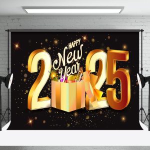 Black Gold Sparkle Gift Box 2025 New Year Backdrop - Aperturee