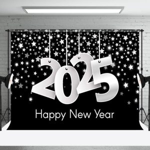 Black Silver Stars 2025 Happy New Year Backdrop - Aperturee
