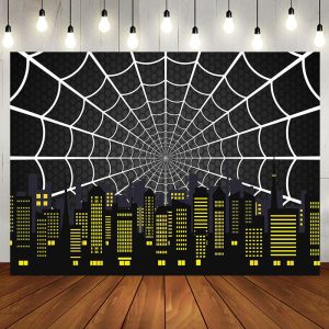 Black Spider Wab City Night Scene Birthday Backdrop - Aperturee