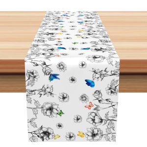 Black White Floral Coloral Butterflu Table Runner - Aperturee