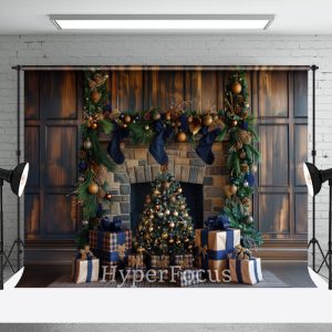 Brown Blue Fireplace Gifts Christmas Vibe Backdrop - Aperturee