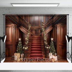 Brown Wooden Stairs Gifts Trees Christmas Backdrop - Aperturee