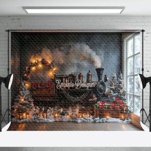 Christmas Tree Lights Gift Train Holiday Backdrop - Aperturee