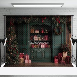 Dark Green Cabinet With Red Gift Box Xmas Backdrop - Aperturee