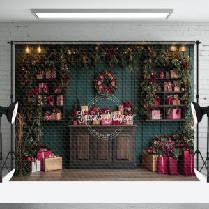 Dark Green Wooden Wall Red Gift Box Xmas Backdrop - Aperturee