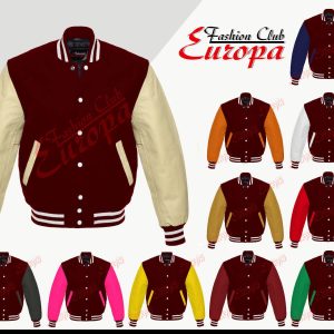 Dark Maroon Varsity Letterman Wool Jacket with Real Leather Sleeves XS-4XL