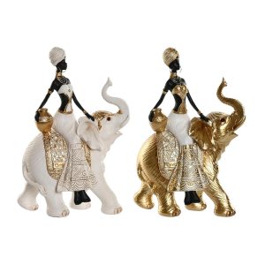 Decorative Figure Home ESPRIT White Black Golden Elephant African Woman 21 x 11 x 32 cm (2 Units)