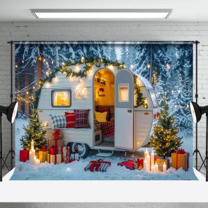 Festive Snowy Camper Van Gifts Cozy Winter Backdrop - Aperturee
