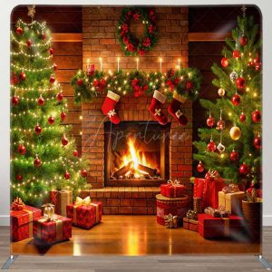 Fireplace Sock Trees Gifts Fabric Christmas Backdrop - Aperturee