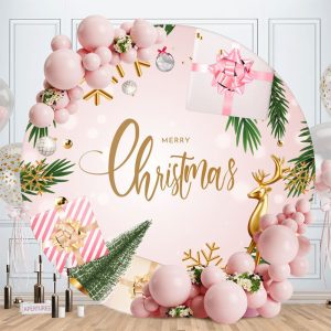 Gold Elk And Pink Gift Round Christmas Backdrop - Aperturee