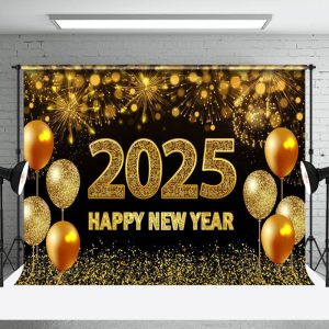 Gold Sparks Glitter Balloon 2025 New Year Backdrop - Aperturee