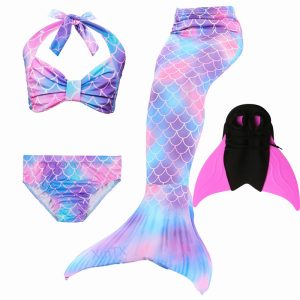 HOT!4PCS/SET Light Purple Mermaid Tail Swimming with Monofin Swimsuit Costume