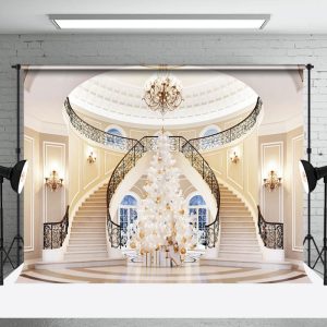 Luxury Villa White Stairs Christmas Tree Backdrop - Aperturee