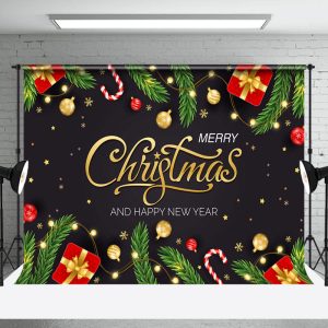 Pine Leaves Gifts Merry Christmas New Year Backdrop - Aperturee