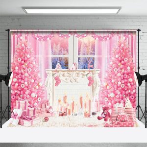 Pink Christmas Tree Window Candle Photo Backdrop - Aperturee