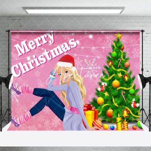 Pink Woman Xmas Tree Snowflake Christmas Backdrop - Aperturee