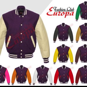 Purple Varsity Letterman Wool Jacket with Real Leather Sleeves XS-4XL
