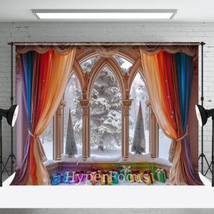 Rainbow Curtain Window Snowy Scene Christmas Backdrop - Aperturee