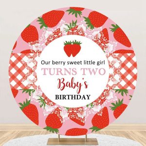 Red Pink Berry Sweet Round Babys Birthday Backdrop - Aperturee