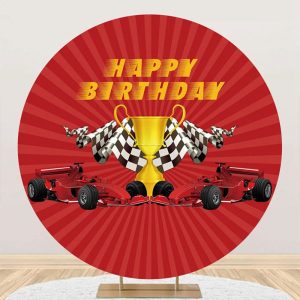 Red Stripe Trophy Racing Car Round Birthday Backdrop