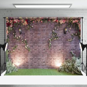 Retro Bricks Wall Floral Greenery Spring Backdrop - Aperturee