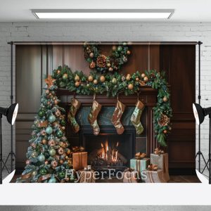 Retro Brown Fireplace Tree Gifts Christmas Backdrop - Aperturee