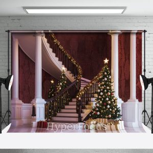 Retro Luxury Stairs Tree Gift Christmas Vibe Backdrop - Aperturee