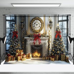 Round Clock Fireplace Golden Gift Box Xmas Backdrop - Aperturee