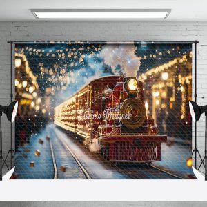 Shining Red Train Lights Christmas Photo Backdrop - Aperturee