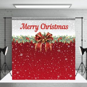 Snowy Bow Tie Pine Leaf White Red Christmas Backdrop - Aperturee