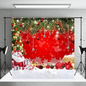 Snowy Field Gifts Bells Red Christmas Vibe Backdrop - Aperturee