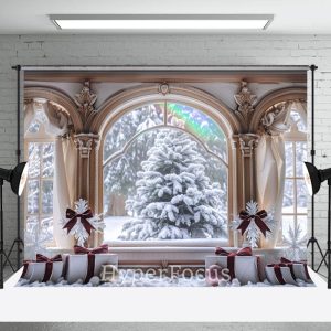 Snowy Trees Window Scene Gifts Christmas Backdrop - Aperturee