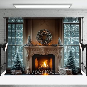 Snowy Window Trees Fireplace Gift Christmas Backdrop - Aperturee