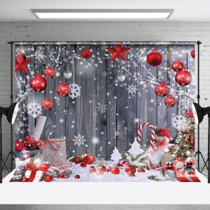 Snowy Winter Red Gifts Bells Wood Christmas Backdrop - Aperturee