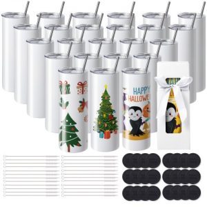 VEVOR 24 Pack Sublimation Tumblers 20oz Skinny Straight, Stainless Steel Sublimation Tumblers Blank, Stainless Steel Double Wall Tumbler for Heat Transfer Customized Gifts with Lid and Straw, Gift Box