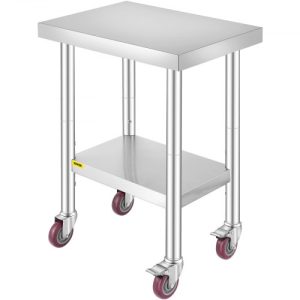 VEVOR 24x18x34 Inch Stainless Steel Work Table 3-Stage Adjustable Shelf with 4 Wheels Heavy Duty Commercial Food Prep Worktable with Brake for Kitchen Prep Work
