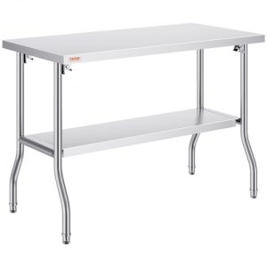 VEVOR Commercial Worktable Workstation 48 x 24 Inch Folding Commercial Prep Table, Heavy-duty Stainless Steel Folding Table with 300 lbs Load, Kitchen Work Table, Silver Stainless Steel Kitchen Island