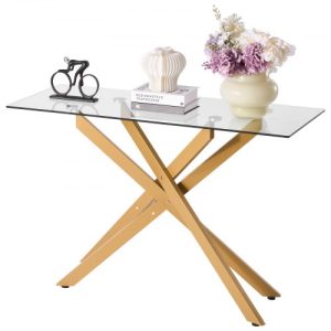 VEVOR Glass Coffee Table, Modern Rectangle Sofa Side Table with Tempered Glass Top & Iron Cross-Legs, Golden Geometric Consloe Desk with Adjustable Anti-slip Foot Pads for Living Room, Entryway, Foyer
