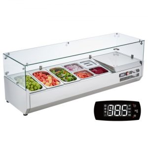 VEVOR Refrigerated Condiment Prep Station, 140 W Countertop Refrigerated Condiment Station, with 3 1/3 Pans & 4 1/6 Pans, 304 Stainless Body and PC Lid, Sandwich Prep Table with Glass Guard, ETL