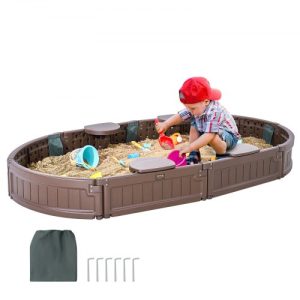 VEVOR Sandbox with Cover, 72 x 41.5 x 9.1 in Oval Sand Box, HDPE Sand Pit with 4 Corner Seating and Bottom Liner, Kids Sandbox for Outdoor Backyard, Beach, Park, Gift for Boys Girls Ages 3-12, Brown