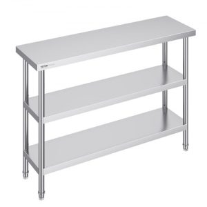 VEVOR Stainless Steel Food Prep Table, 14 x 48 x 34 Inch Commercial Kitchen Worktable, with 2 Adjustable Undershelf, Heavy Duty Prep Table Metal Work Table for BBQ, Kitchen, Home, and Garage