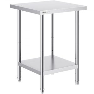 VEVOR Stainless Steel Prep Table, 24 x 24 x 34 Inch, Heavy Duty Metal Worktable with 3 Adjustable Height Levels, Commercial Workstation for Kitchen Garage Restaurant Backyard