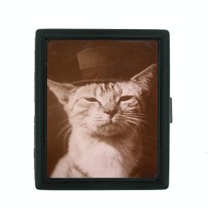 Vintage Cat D8 Regular Black Cigarette Case / Metal Wallet Old Fashioned Image