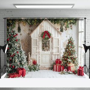White Cabin Christmas Tree Holiday Vibe Backdrop - Aperturee
