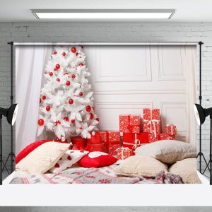 White Christmas Tree Red Gift Boxes Pillow Backdrop - Aperturee