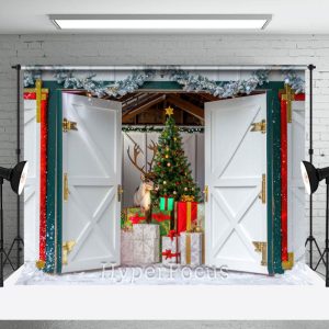 White Green Red Door Elk Tree Gift Christmas Backdrop - Aperturee