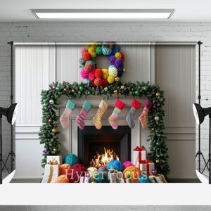 White Wall Fireplace Colorful Socks Gifts Backdrop - Aperturee