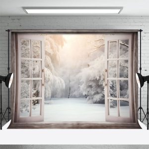 White Window Snowy Forest Winter Backdrop For Photo - Aperturee