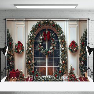 White Window Wreath Gifts Trees Christmas Backdrop - Aperturee